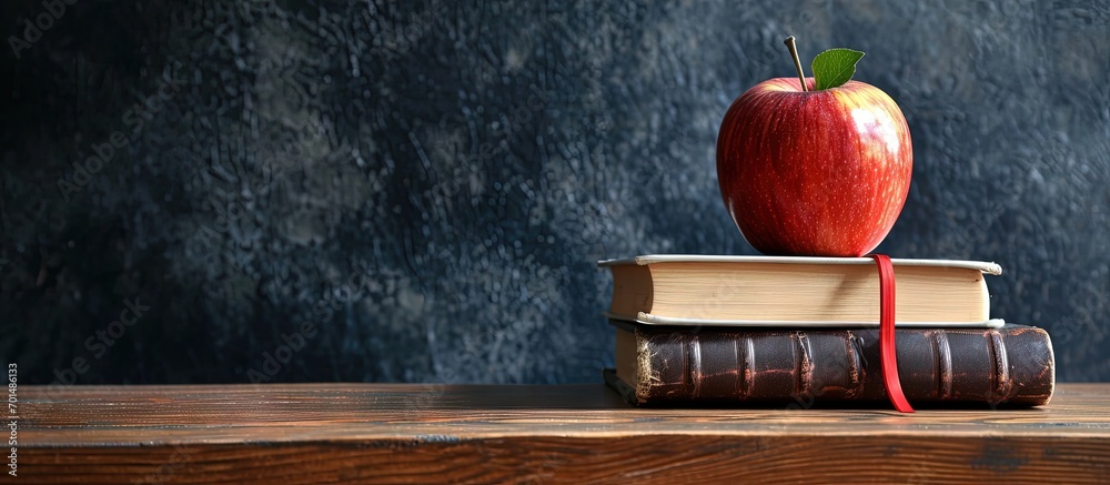 Aufkleber Open book and red apple on desk with empty chalkboard. Creative Banner. Copyspace image