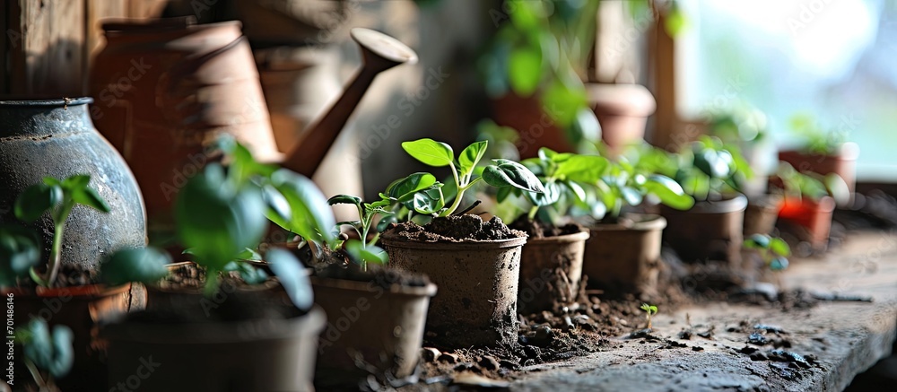 Aufkleber many young pepper sprouts grown from seed in container on ground with garden watering can and other 