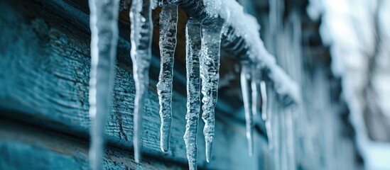 The roofs of the buildings are covered with snow and ice after a big snowfall Huge icicles hang from the facades of buildings The fall of icicles carries a danger to people s lives. Creative Banner