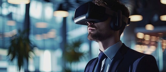 White Label businessman working with virtual reality at office. Creative Banner. Copyspace image