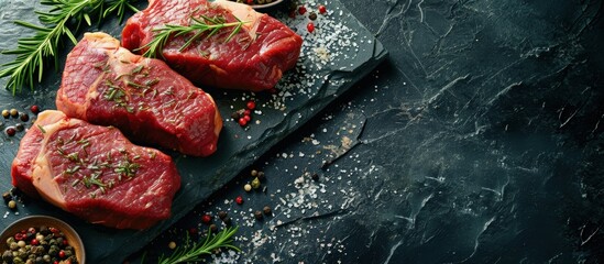 Pieces of red meat steaks with rosemary served on black stone surface Shot from upper view. Creative Banner. Copyspace image