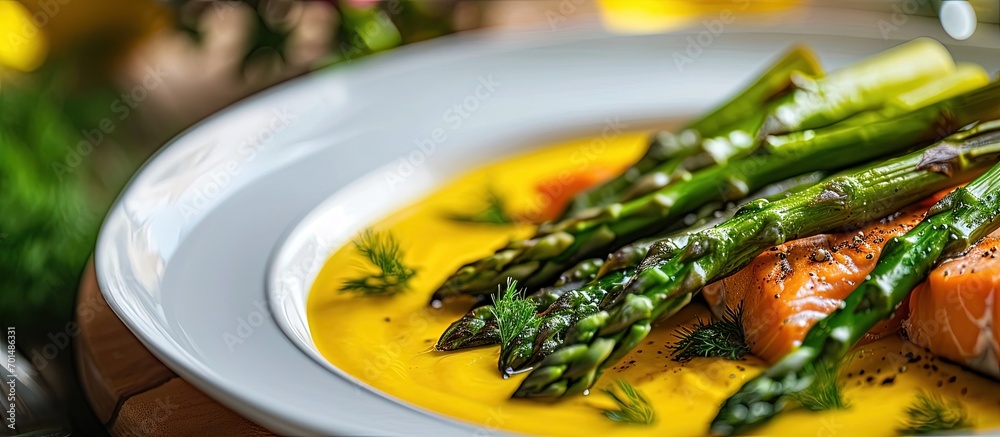 Poster salmon fillet with asparagus and yellow sauce closeup. creative banner. copyspace image