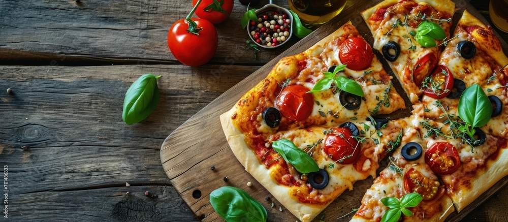Poster rectangular pizza with mushrooms tomatoes and arugula on a wooden cutting board. creative banner. co