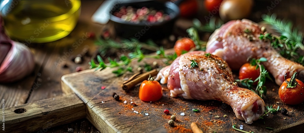 Poster raw chicken legs with vegetables and spices on the chopping board. creative banner. copyspace image