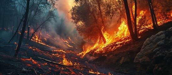 wildfire rural fire burning conflagration burning ash setting charred dry grass in forest acrid gray smoke uncontrolled fire in area combustible vegetation harming nature spontaneous spread - obrazy, fototapety, plakaty