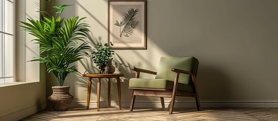 Wooden coffee table in elegant living room interior with vintage armchair green plant in pot and poster in frame real photo. Creative Banner. Copyspace image