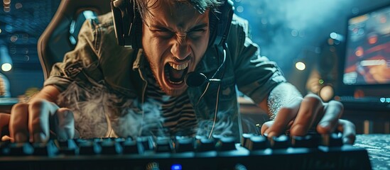 Medium shot of an angry gamer destroying keyboard after losing a match at a gaming tournament. Creative Banner. Copyspace image - obrazy, fototapety, plakaty