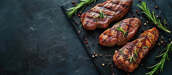 Pieces of red meat steaks with rosemary served on black stone surface Shot from upper view. Creative Banner. Copyspace image - obrazy, fototapety, plakaty