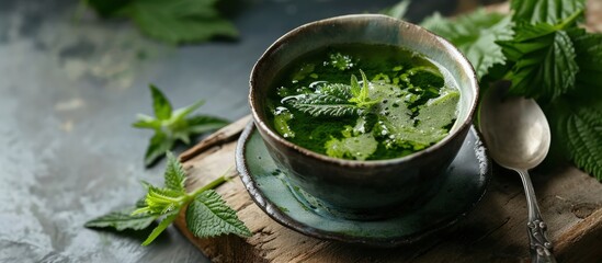 Obraz na płótnie Canvas Nettle vegan soup made from young of nettles Green nettle soup. Creative Banner. Copyspace image
