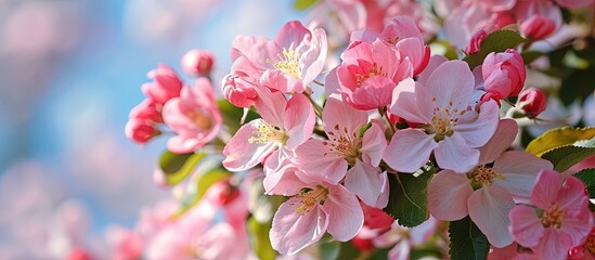 Pink flowers of blooming Apple tree in spring against blue sky on a Sunny day close up macro in nature outdoors. Creative Banner. Copyspace image