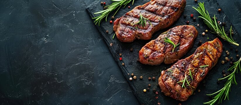 Pieces of red meat steaks with rosemary served on black stone surface Shot from upper view. Creative Banner. Copyspace image