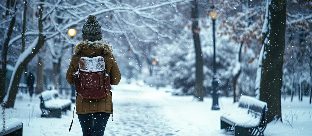 Sticker woman walking by snowed city park view from behind backpack. Creative Banner. Copyspace image