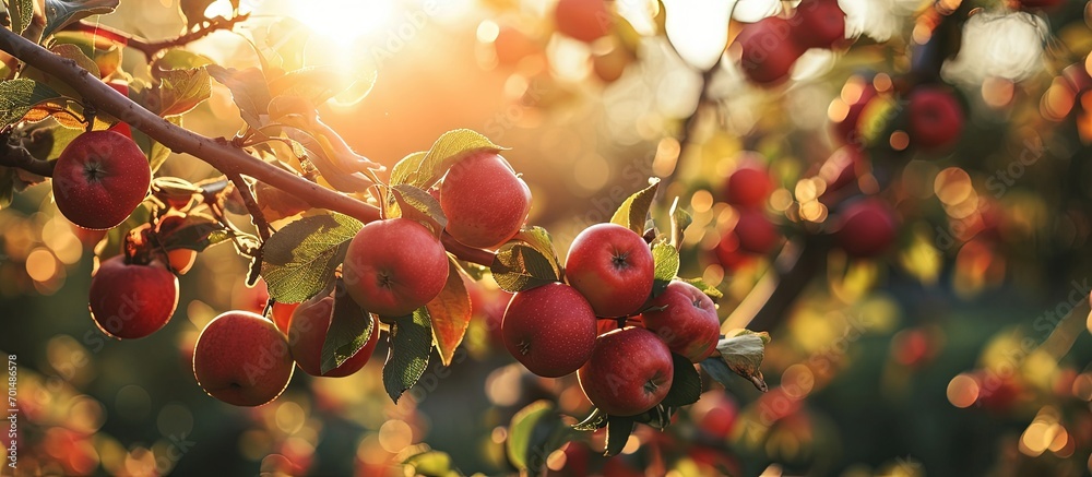 Poster Red apples on apple tree branch bright rays of the sun. Creative Banner. Copyspace image