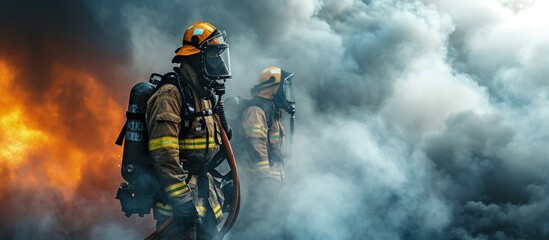 Professional firefighter s his steady resolve as they maneuver through the smoke filled atmosphere while holding fire hose in his shoulder. Creative Banner. Copyspace image