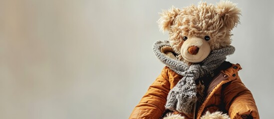 Plush stuffed toy dressed in childs big white jaket Soft teddy bear prepared for winter or autumn colds Love and care cuddly for nursery Banner with a teddy bear in the hood close up. Creative Banner