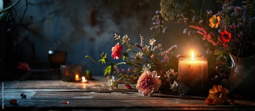 Aufkleber Table setting set with candles and flowers. Creative Banner. Copyspace image