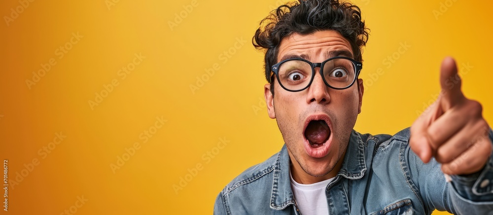 Poster middle age latin man wearing casual clothes and glasses pointing with finger surprised ahead open mo