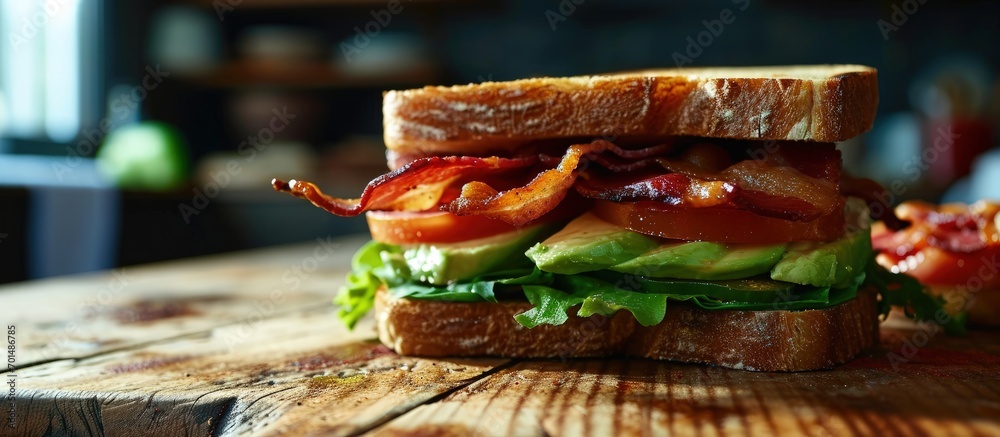 Poster spectacular bread with avocado tomato lettuce and bacon blta. creative banner. copyspace image