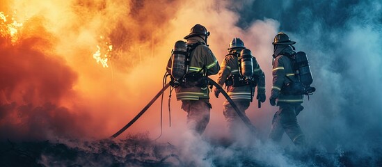 Professional firefighter s his steady resolve as they maneuver through the smoke filled atmosphere while holding fire hose in his shoulder. Creative Banner. Copyspace image - obrazy, fototapety, plakaty
