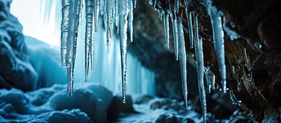 Rows of thin long stalactite icicles hang from the ceiling of the cave Close up Full screen Baikal. Creative Banner. Copyspace image