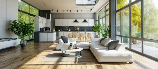 Minimalist and very spacious living room linked with a very modern kitchen. Creative Banner. Copyspace image