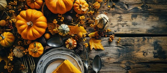 Thanksgiving Table Setting top view banner Autumnal holiday decorated table with pumpkins cutlery yellow leaves. Creative Banner. Copyspace image - obrazy, fototapety, plakaty