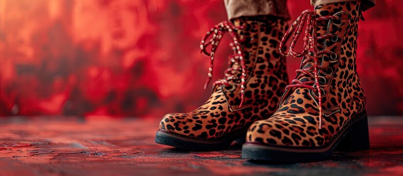 Trendy fashion details close up of ankle boots with leopard print Stylish female outfit Copy empty space for text. Creative Banner. Copyspace image