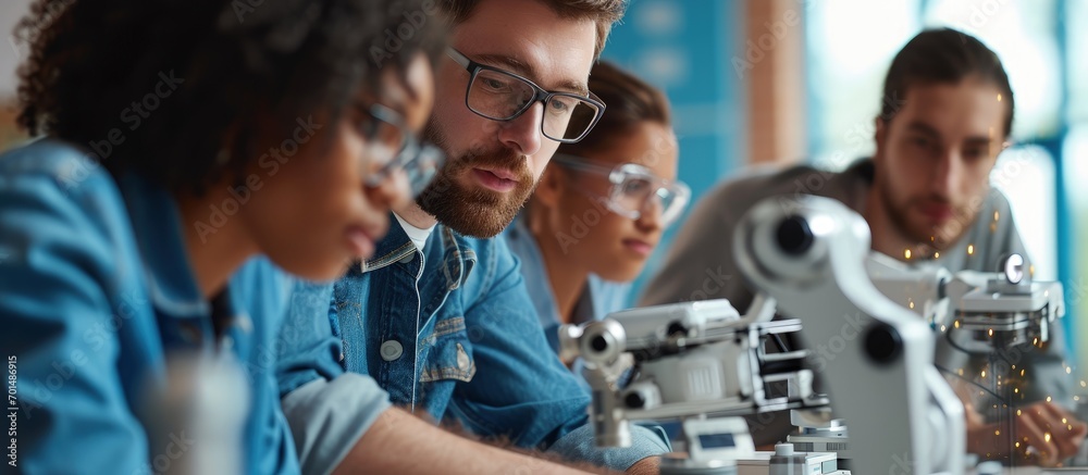 Poster University Robotics Class White Male Teacher Explaining Engineering to Students Using Robot Arm Diverse Group of Young Engineers Sitting at University Computer Science Education Build Design