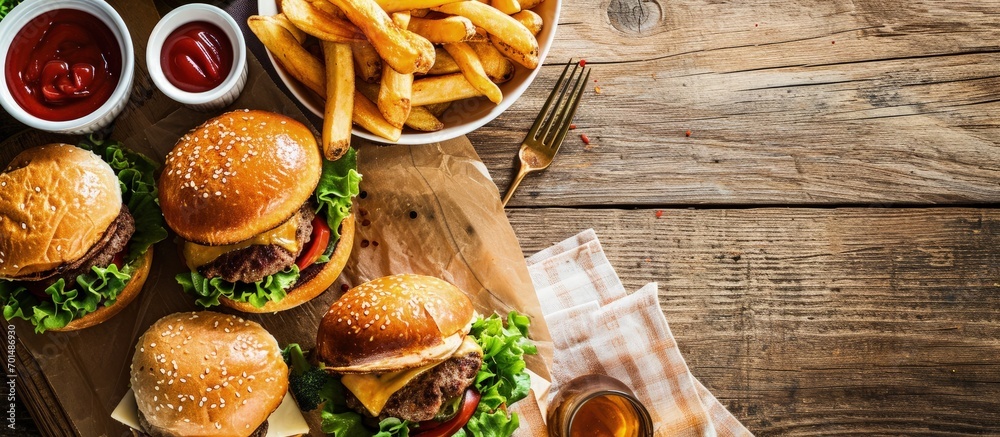 Poster two fresh homemade burgers with fried potatoes on a wooden table with copy space. creative banner. c