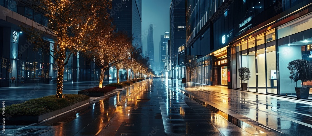 Aufkleber modern office buildings in hangzhou west lake square at night on view from empty street. creative ba