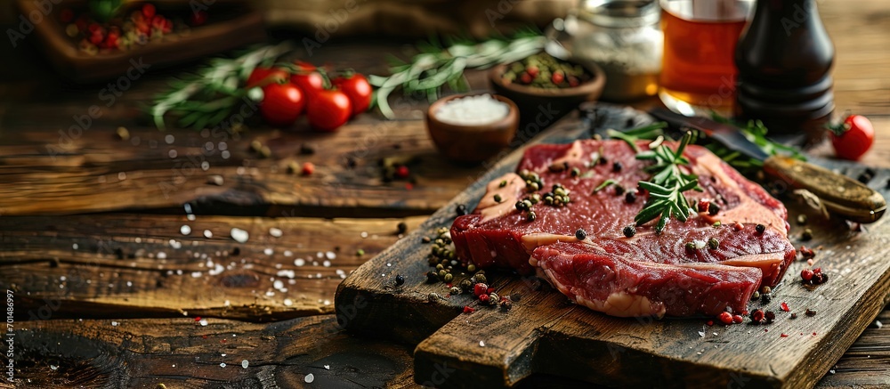 Poster perfect beef tartare steak with onion capers pickled cucumbers and mushrooms on wooden table. creati