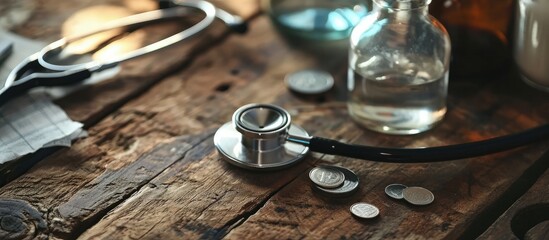 Stethoscope on bottle and coin on wooden background Concept for finance health check or cost of business financial analysis audit or accounting. Creative Banner. Copyspace image
