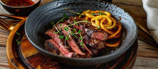 Modern style traditional Cuban dry aged angus bistec encebollado steak with onion rings in soy sauce served as top view in a Nordic design bowl with copy space. Creative Banner. Copyspace image