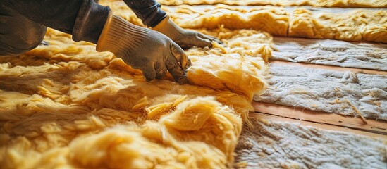 Man installing thermal insulation layer under the roof using mineral glass wool. Creative Banner. Copyspace image