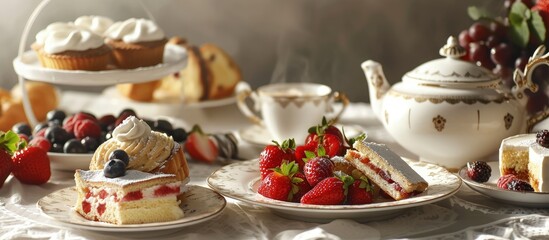 Traditional english afternoon tea with selection of cakes and sandwiches. Creative Banner. Copyspace image - obrazy, fototapety, plakaty