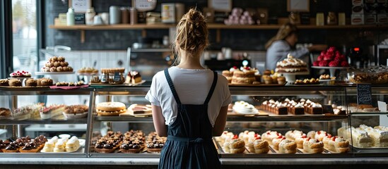 Young woman is looking for cakes on the cooling shelf in a cafe or pastry shop. Creative Banner. Copyspace image