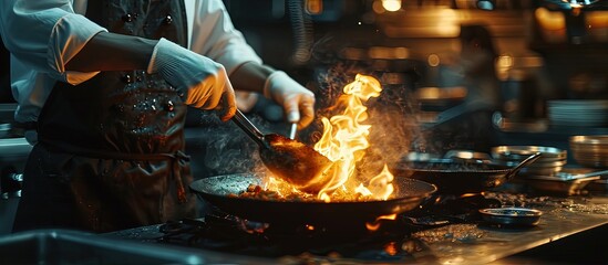 Professional chef wearing gloves and apron cooking stir fry flambe holding a pan with open fire in...