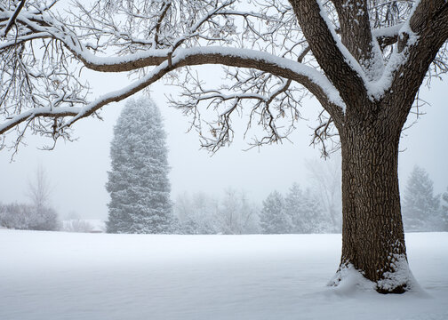 Beautiful winter scene with snow covered pine and elm trees at a park in Colorado.