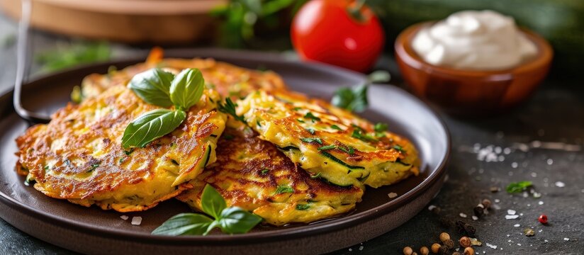 Zucchini fritters stack of vegetarian zucchini pancakes with fresh herbs and sour cream in plate. Creative Banner. Copyspace image