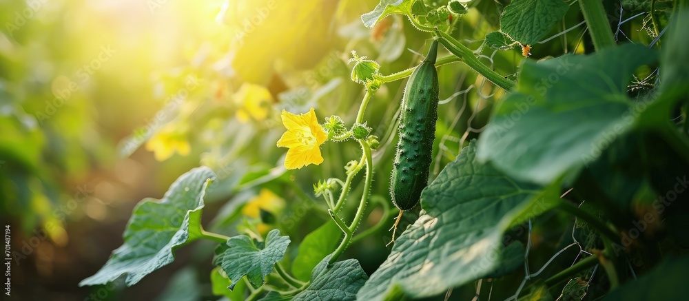 Aufkleber organic cucumber plant with yellow flowers young cucumber green leaves and creeping vines on the sup