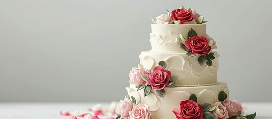 White two tier wedding cake Vanilla sponge cake creamy curd cream The cake is decorated with pink and red roses and green leaves. Creative Banner. Copyspace image