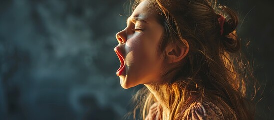 Tired and sleepy young little girl yawing. Creative Banner. Copyspace image - obrazy, fototapety, plakaty