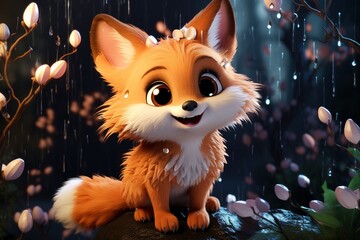 cute cartoon little fluffy happy fox in the rain on a blurred background with flowers