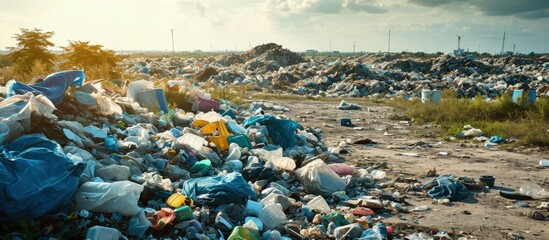 View of the landfill Landfill A pile of plastic garbage food waste and other garbage Pollution of nature A sea of garbage begins to invade and destroy beautiful landscapes. Creative Banner