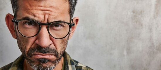 Middle age latin man wearing casual clothes and glasses disgusted expression displeased and fearful doing disgust face because aversion reaction. Creative Banner. Copyspace image - obrazy, fototapety, plakaty