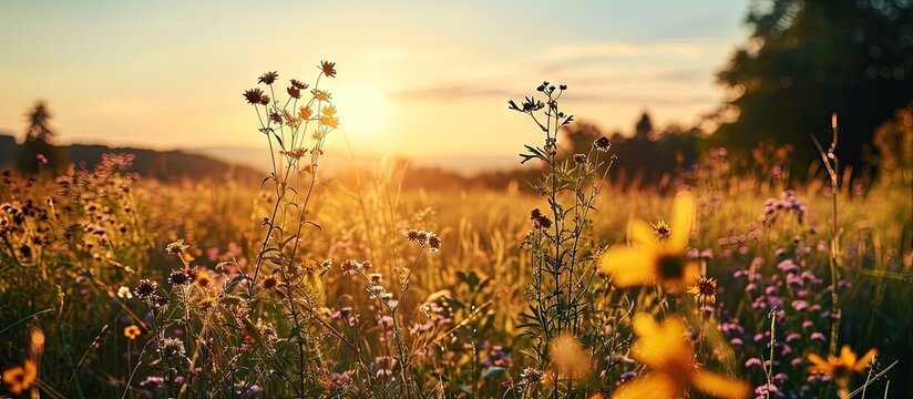 World environment day concept Calm of country meadow sunrise landscape background. Creative Banner. Copyspace image