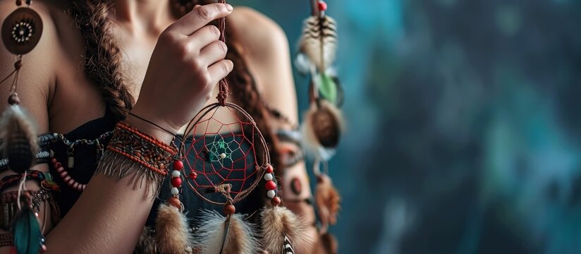 Pretty girl holding dream catcher in her hand. Creative Banner. Copyspace image