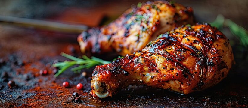 Photo of fresly grilled chicken leg quarter. Creative Banner. Copyspace image