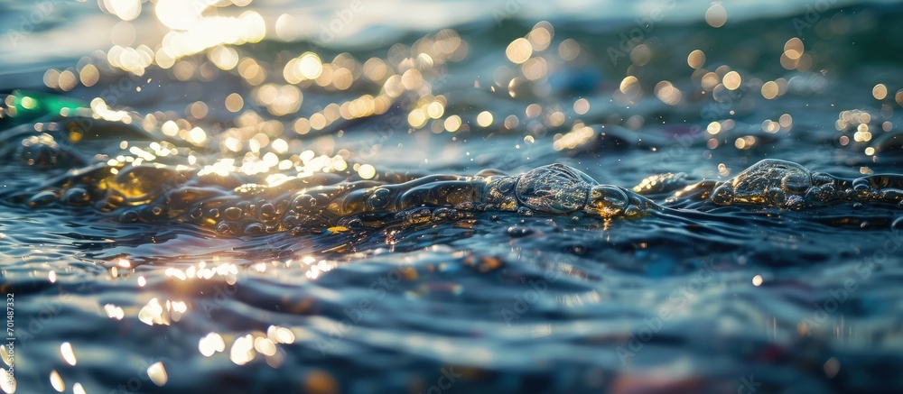 Poster microplastic particles float in the ocean water pollution. creative banner. copyspace image