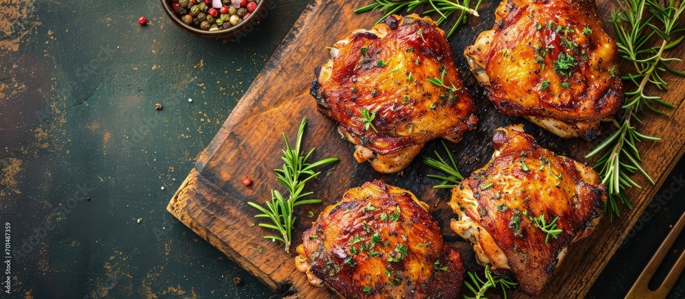 Poster smoked chicken thighs with spices and herbs top view free space for text. creative banner. copyspace